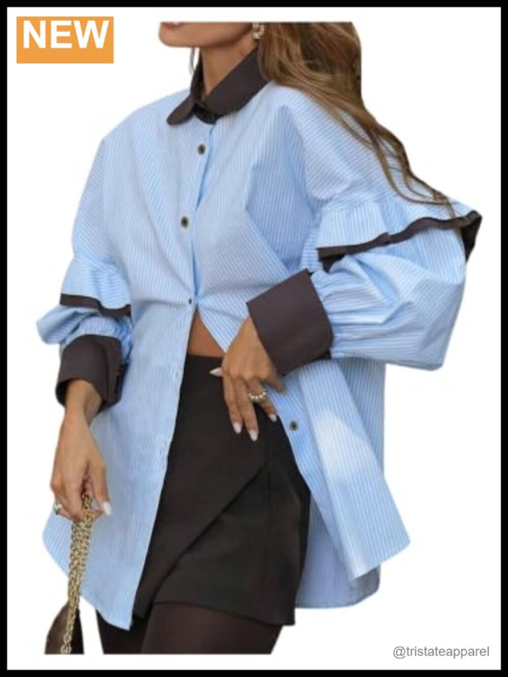 Women's Striped Long Sleeve Ruffle Button Down Blouse